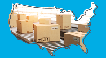 Cardboard boxes on a conveyor belt shaped like a map of the United States