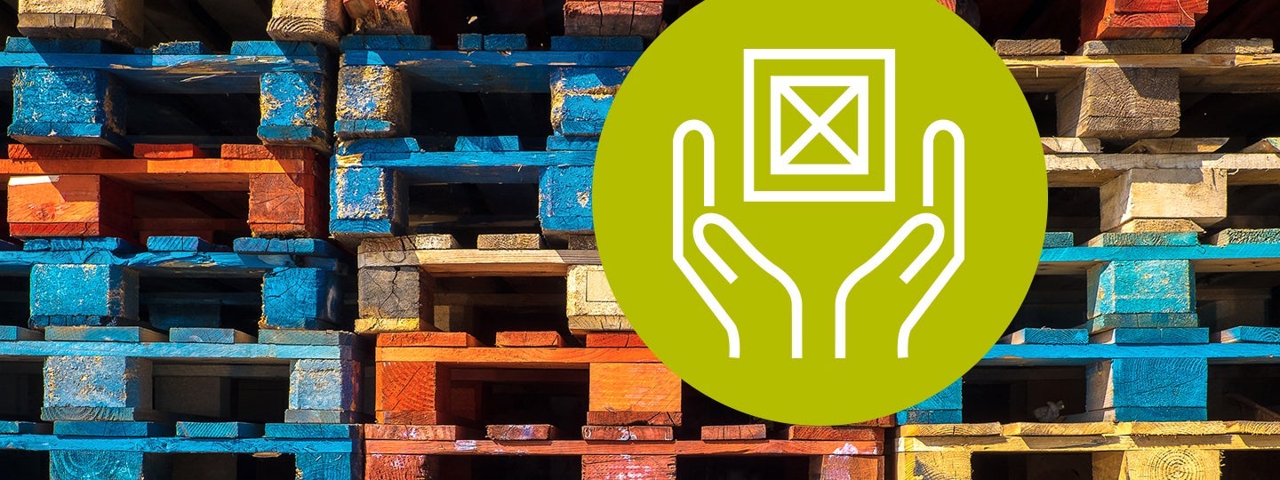 a green circle features a white icon of two hands holding a square container.|Stacks of blue