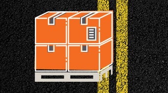 Illustration of four orange boxes with white outlines stacked on a gray pallet