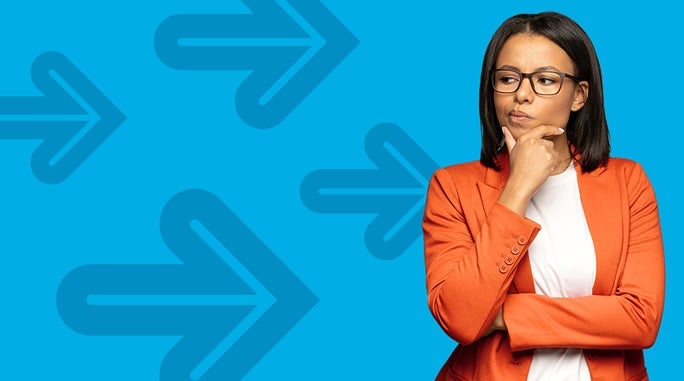A woman in an orange blazer and glasses stands thoughtfully against a blue background with arrow graphics pointing to the right. Her expression is contemplative