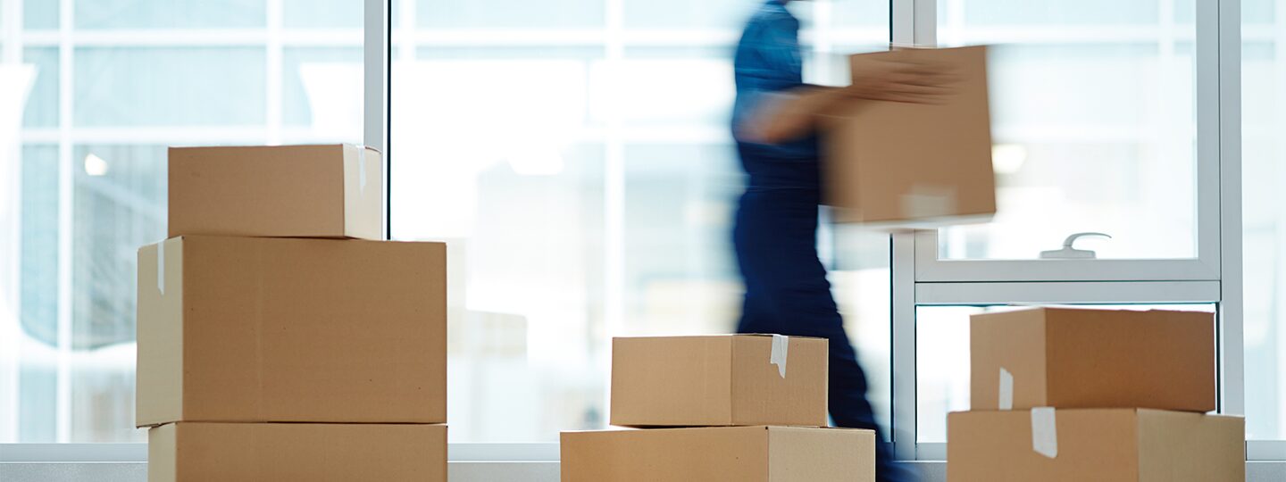 suggesting movement or direction.|A person carrying a cardboard box walks past a window