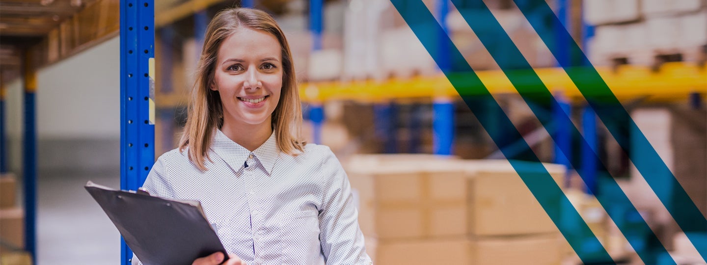 embodying the bustling energy of a small-business-shipping-hub. They stand in a warehouse with shelves stacked with boxes in the background