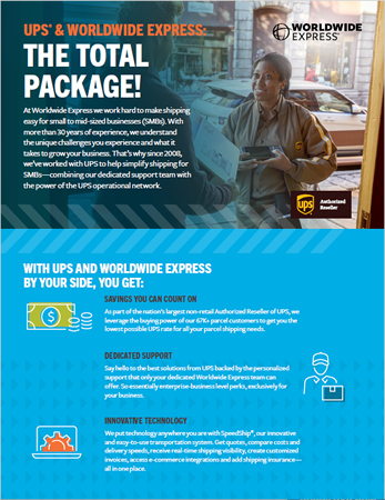 embodying reliable shipping services. The scene unfolds on a sunny day.|Infographic titled UPS and Worldwide Express: A Winning Combination for Shipping Services features benefits like live support