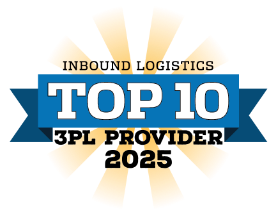 A badge graphic with the text INBOUND LOGISTICS TOP 10 3PL PROVIDER 2025 in bold letters, with rays emanating from behind the text.