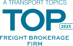 Blue and white badge with the text A Transport Topics Top Freight Brokerage Firm 2025.