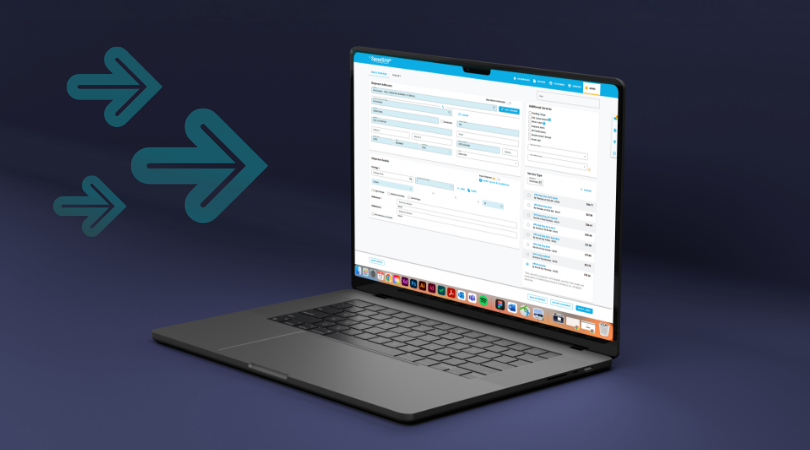 A black laptop displaying a form-based software application screen sits on a dark surface. Three teal arrow graphics point toward the laptop from the left, suggesting incoming data or information transfer.