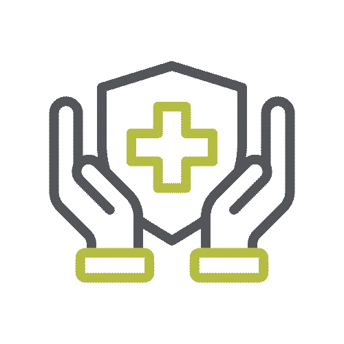 Two hands outlined in black and green hold up a shield with a green medical cross in the center, symbolizing health protection, care, and medical safety.