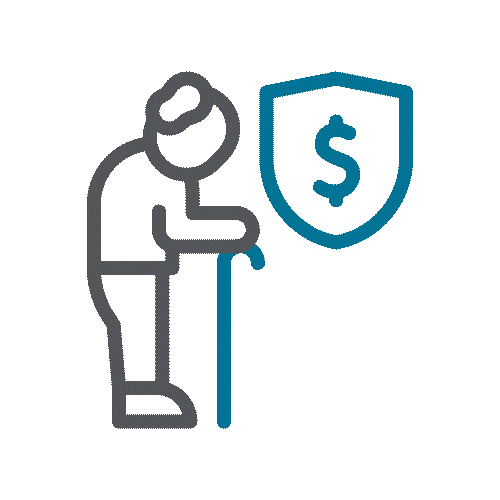 A simple line drawing of an elderly person with a cane facing a shield with a dollar sign, symbolizing financial protection or insurance for seniors.