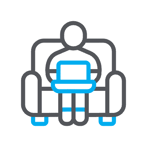 Simple line drawing of a person sitting on a couch using a laptop, with blue accents highlighting the laptop, seat, and feet of the couch.
