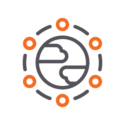A simple line drawing of the Earth with two cloud shapes on it, surrounded by eight orange circles connected by dotted gray lines, symbolizing global connectivity.