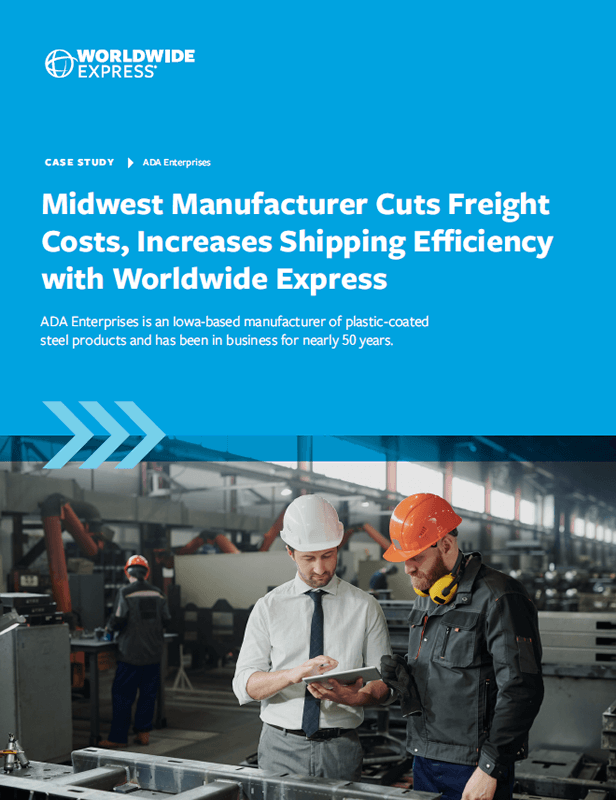 Two men wearing safety helmets and vests review documents in an industrial warehouse. The text promotes a case study about a Midwest manufacturer improving emergency shipping efficiency with Worldwide Express.