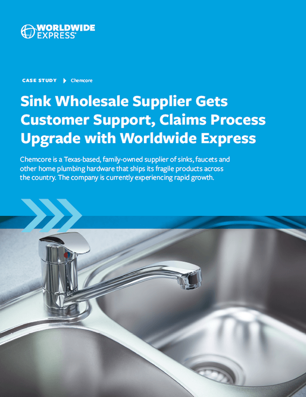 A brochure cover featuring a kitchen sink and faucet, with text about a case study: Sink Wholesale Supplier Gets Customer Support, Claims Process Upgrade, and improved food shipping solutions with Worldwide Express.
