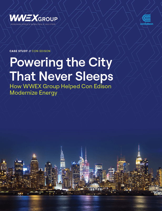 Cover page for a case study titled Powering the City That Never Sleeps—How WWEX Group Helped Con Edison Modernize Energy, featuring a night view of the New York City skyline above a river, highlighting expertise in specialty shipping solutions.
