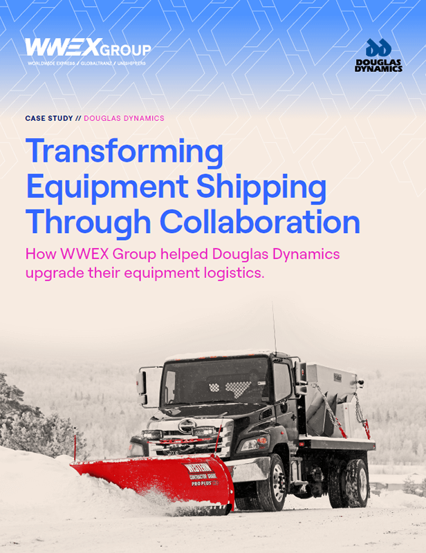 A snow plow truck drives through a snowy landscape. The text reads: Transforming Equipment and Temperature-Controlled Shipping Through Collaboration. How WWEX Group helped Douglas Dynamics upgrade their equipment logistics. WWEX Group and Douglas Dynamics logos are shown.