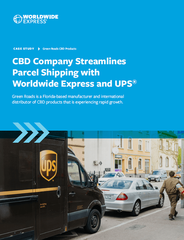 A UPS delivery van is parked on a city street as a courier unloads packages. Overlay text highlights a case study about how Green Roads, a CBD company, improved manufacturing logistics with a 3PL provider, Worldwide Express, and UPS.