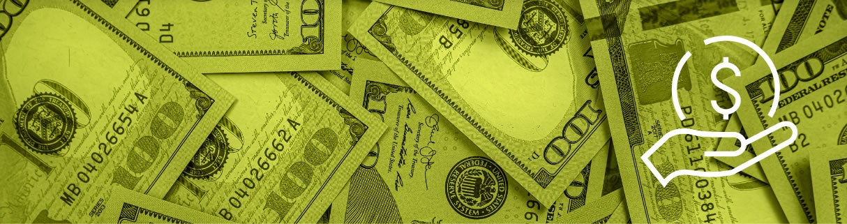 A pile of US dollar bills overlaid with a yellow-green tint, featuring a white outline of a hand holding a dollar sign on the right—perfect for highlighting E-Commerce Solutions or boosting your Online Store’s financial success.