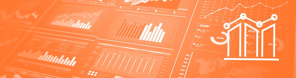 Orange-tinted image showing various data dashboards with bar charts, line graphs, and analytical graphics—ideal for E-Commerce Solutions—overlaid with a white icon of stylized line and bar charts.