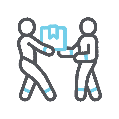 Two simplified human figures face each other as one person hands a box with a label to the other, illustrating the concept of delivery, receiving, or package exchange.