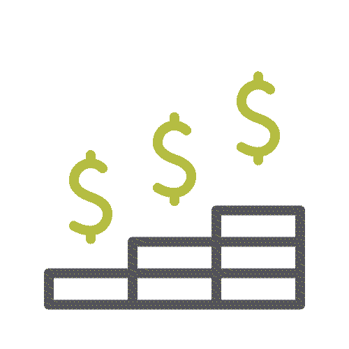 Outline of ascending steps with three green dollar signs increasing in height above each step, symbolizing financial growth or rising profits.