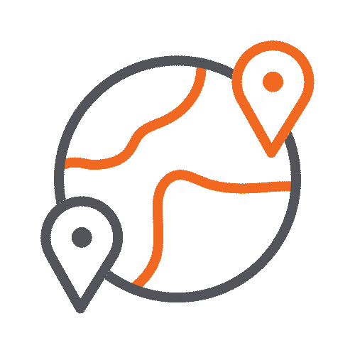 A simple globe icon with two orange location pins, one near the top right and one at the bottom left, and orange lines representing continents and paths across the gray globe.