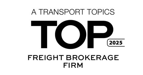 Black text on a white background reads: A Transport Topics Top 2025 Freight Brokerage Firm. The word TOP is bold and large, with 2025 in a rounded rectangle—recognizing excellence as a leading 3PL company.