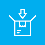 A white icon of an open box with a downward arrow above it, indicating something being placed into the box, on a blue background.
