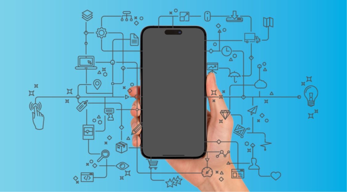 A hand holds a smartphone against a blue background with various technology and supply chain control tower-themed icons, symbolizing digital connectivity, communication, and real-time oversight in modern networks.