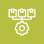 White icon of three boxes connected above a gear on a green background, representing supply chain or inventory management.