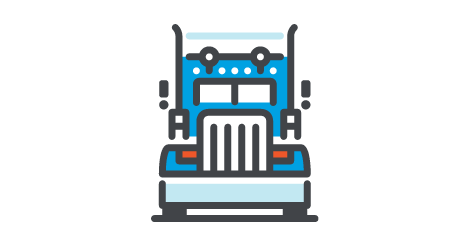 Illustration of a blue semi-truck viewed from the front, showcasing the grille, headlights, and side mirrors—ideal for a 3PL company—rendered in simple, bold lines with minimal detail on a white background.