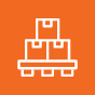 White icon of stacked boxes on a pallet against an orange background, symbolizing inventory, storage, or warehouse logistics.