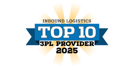 A blue and gold badge reads Inbound Logistics Top 10 3PL Provider 2025 with sunburst rays in the background, symbolizing prestigious recognition for a top-performing 3PL company in logistics services.