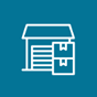 White icon of a warehouse with a large door and two stacked boxes in front, representing warehousing, on a teal background.