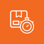 White line icons of a package and a stopwatch appear on an orange background, symbolizing fast or express fulfillment and delivery service.