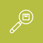 A white outline of a magnifying glass focusing on a small package icon, representing fulfillment, set against a greenish-yellow background.