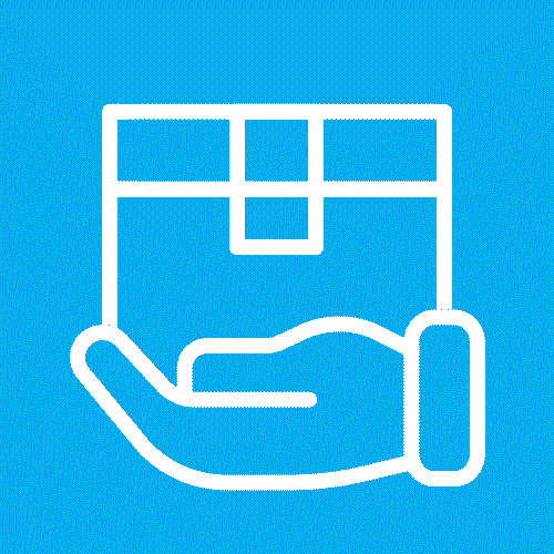 A white outline of a hand holding a box is shown on a bright blue background, symbolizing delivery, shipping, or package handling services.