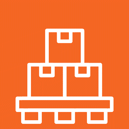 White line drawing of three stacked boxes on a pallet against an orange background, representing shipping, storage, or logistics.