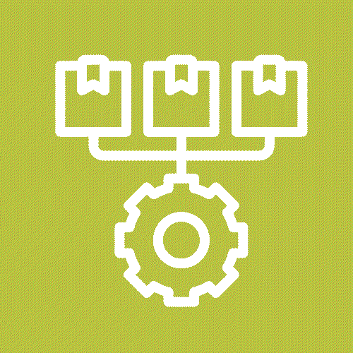 White outline of three connected document icons above a gear on a green background, symbolizing workflow automation or document management.