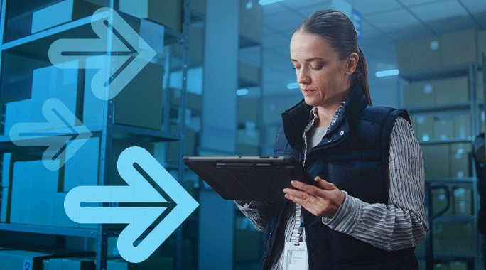 A woman stands in a warehouse, using a tablet. Large translucent arrows point right, overlaying the scene, suggesting progress and efficiency in managing UPS Oversized Package logistics or large parcel shipping operations.