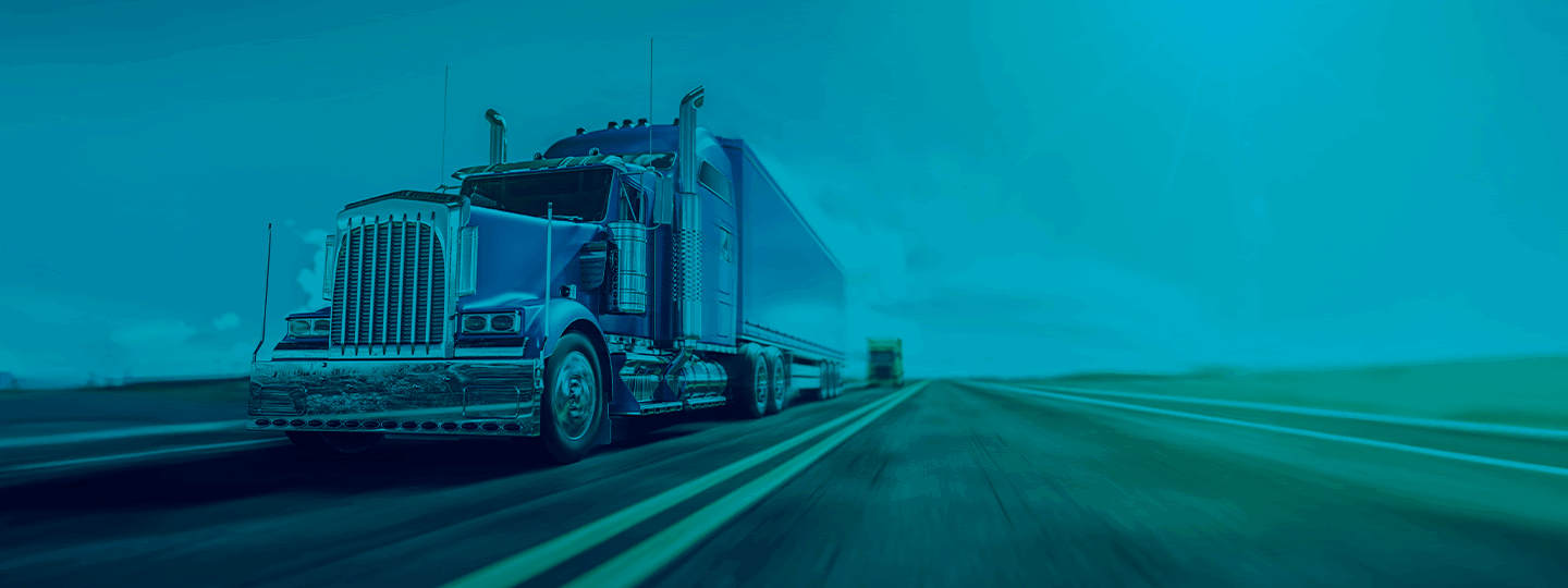 A large blue semi-truck, representing diverse shipping modes, drives down an open highway under a clear sky, with another truck visible in the distance and the scene tinted in blue tones.
