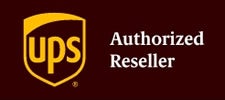 UPS logo in yellow on a brown background next to the words Authorized Reseller in white text, representing trusted Shipping Services.