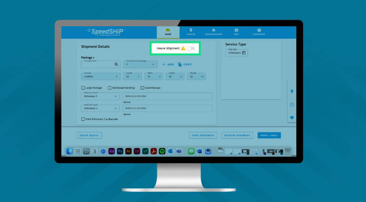 A computer monitor displays the SpeedSHIP shipment management software, highlighting the Create Shipment button near the top center of the screen and options for shipping insurance. The background is a solid blue color.