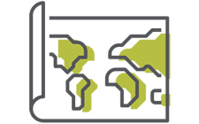 A simple, stylized illustration of a partially unrolled world map with green continents and gray outlines on a light background.
