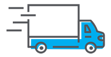 Simple illustration of a blue delivery truck with motion lines behind it, indicating speed or movement to the left.