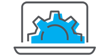 Simple illustration of a gray laptop with a large blue gear partially displayed on its screen, representing technology or computer settings.