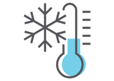 Icon showing a snowflake next to a thermometer filled with blue liquid, indicating cold temperature or freezing conditions.