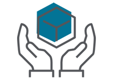 Simple illustration of two open hands beneath a blue geometric cube, representing protection, support, or care for an object or concept.