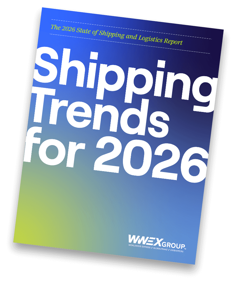 A report cover with large white text reading Shipping Trends for 2026 on a blue-to-green gradient background. Smaller text at the top says The 2026 State of Shipping and Logistics Report. WWEX Group logo is at the bottom.