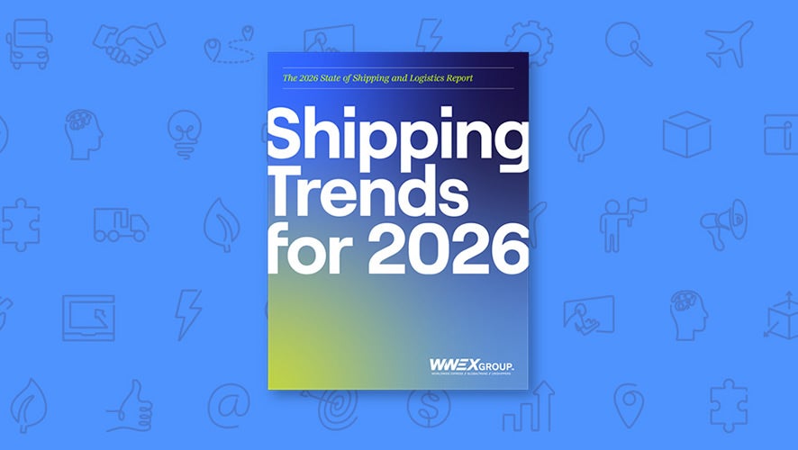 A report cover titled Shipping Trends for 2026 by WWEX Group is displayed on a blue background with faint logistics and business icons. The subtitle reads The 2023 State of Shipping and Logistics Report, featured in an Arjun Srinivasan Press Release.