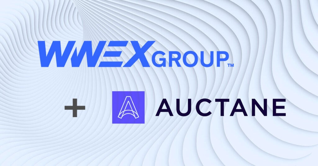 Logos of WWEX Group and Auctane on a light abstract wavy background, with a plus sign between them, indicating a partnership or collaboration.