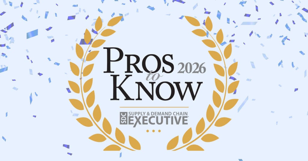 A graphic with gold laurel branches framing the text Pros to Know 2026 and the Supply & Demand Chain Executive logo, evoking a Rock Stars of the Supply Chain Press Release vibe, set against a light blue background with falling confetti.